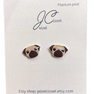 Handmade pug stud earrings + hypoallergenic + dog lover + pug lover + pet + gift + waterproof
