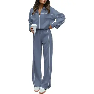 Women’s Two-Piece Jogger Tracksuit Set Fall 2025 – Long-Sleeve Zip-Up Sweatshirt & Long Pants Outfit. Ideal for outdoor hikes and morning jogs.