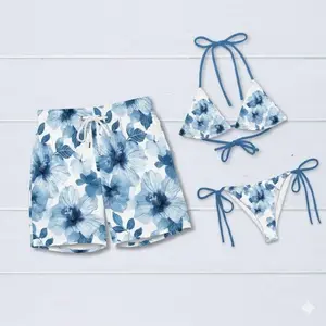 Blue Floral Couple Swimsuit Set Matching Bikini and Board Shorts