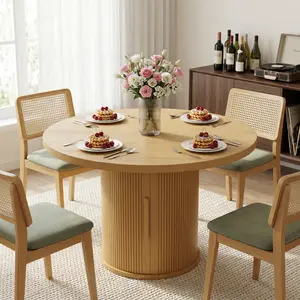 HIPIHOM Nordic Round Dining Table, Solid Wood with Natural Wood Grain, Elegant Fluted Cylinder Pedestal Base, Minimalist Scandi Style for Japandi Home Decor & Aesthetic Dining Room.