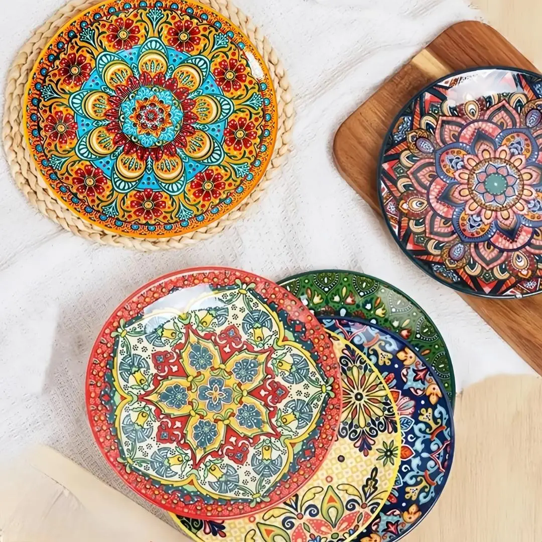 Floral Pattern Ceramic Plate, 6 Counts Creative Boho Style Dessert Plate, Multipurpose Round Plate for Home Kitchen Dining Room