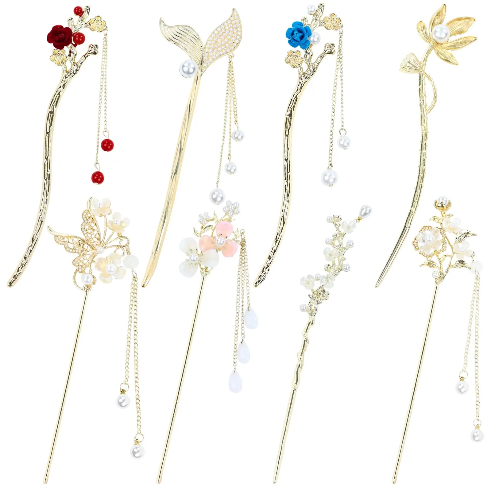 8 Pieces Retro Vintage Asian Japanese Chinese Hanfu Gold Metal Flower Hair Sticks with Pearl Pendants Fishtail Lotus Butterfly Long Hair Pins Forks Chopsticks Bun Updo Holders for Women Girls