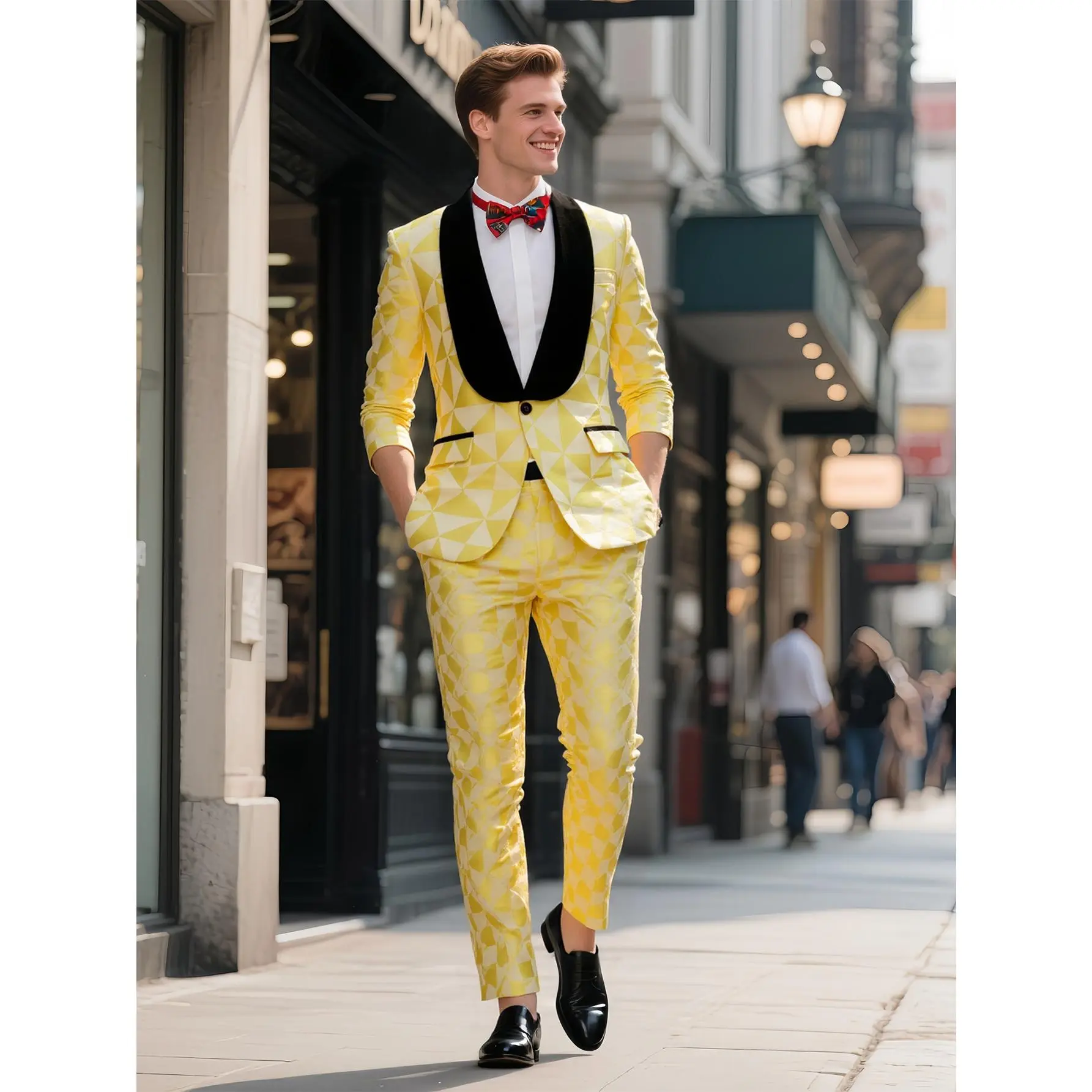 Men's Classic 2-Piece Suit Set - Modern Yellow Triangle Plaid Longsleeves Blazer Top with Stretchable Pants for Casual & Formal Wear, Menswear, Matching, Breathable, Pockets, Chic, Polyester, Long Sleeve, Geometric, Clothes, Long Sleeves, Stylish, All Sea