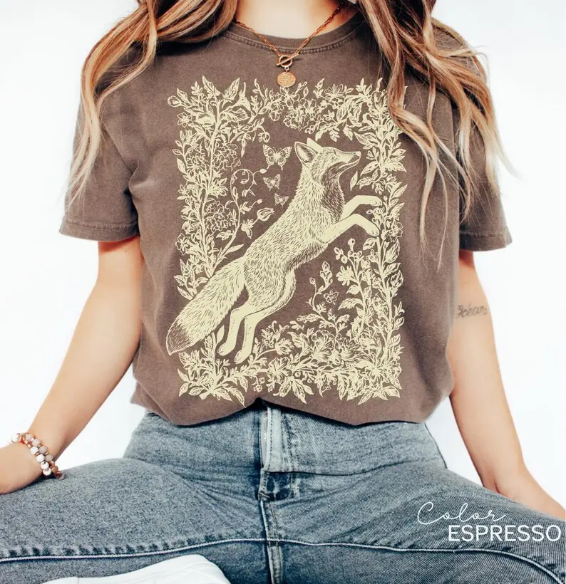 Cottagecore Fox Shirt, Wildflower Fox Sweatshirt, Folk Art Forest Animal TShirt, Woodland Aesthetic Top, Comfort Colors Tee, Boho Crewneck