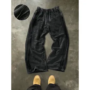 Men's Streetwear Cotton Sport Pants, Loose Fit Elastic Waist Knit Pants, Washed Cotton Fabric, Casual Versatile Fashion, Athleisure Style Bottoms