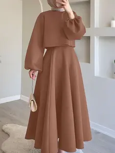 Women's Round Neck Long Sleeve Lantern Sleeves Short Top + Elastic Waist Half Skirt Set, Casual Commuter Two-Piece Outfit Sets Women