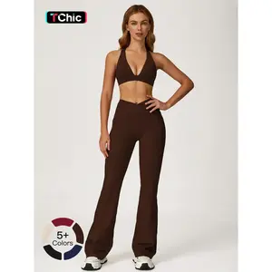 Women's Yoga Set, Sporty Style, Cross-Border Nude Feel, Criss-Cross Backless Design, Sports Crop Top, Tight-Fitting Sports Bell Bottom Pants, Outdoor Running Fitness Wear