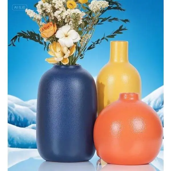 Modern Farmhouse Vase Set, Small Handcrafted Ceramic Vases for Home Decor, Fall Décor Accents in Burnt Orange Blue Yellow, Organic Living Room Table Shelf Entryway Decor, Set of 3 Decorative Vases Colorful Faux Gift Ornaments