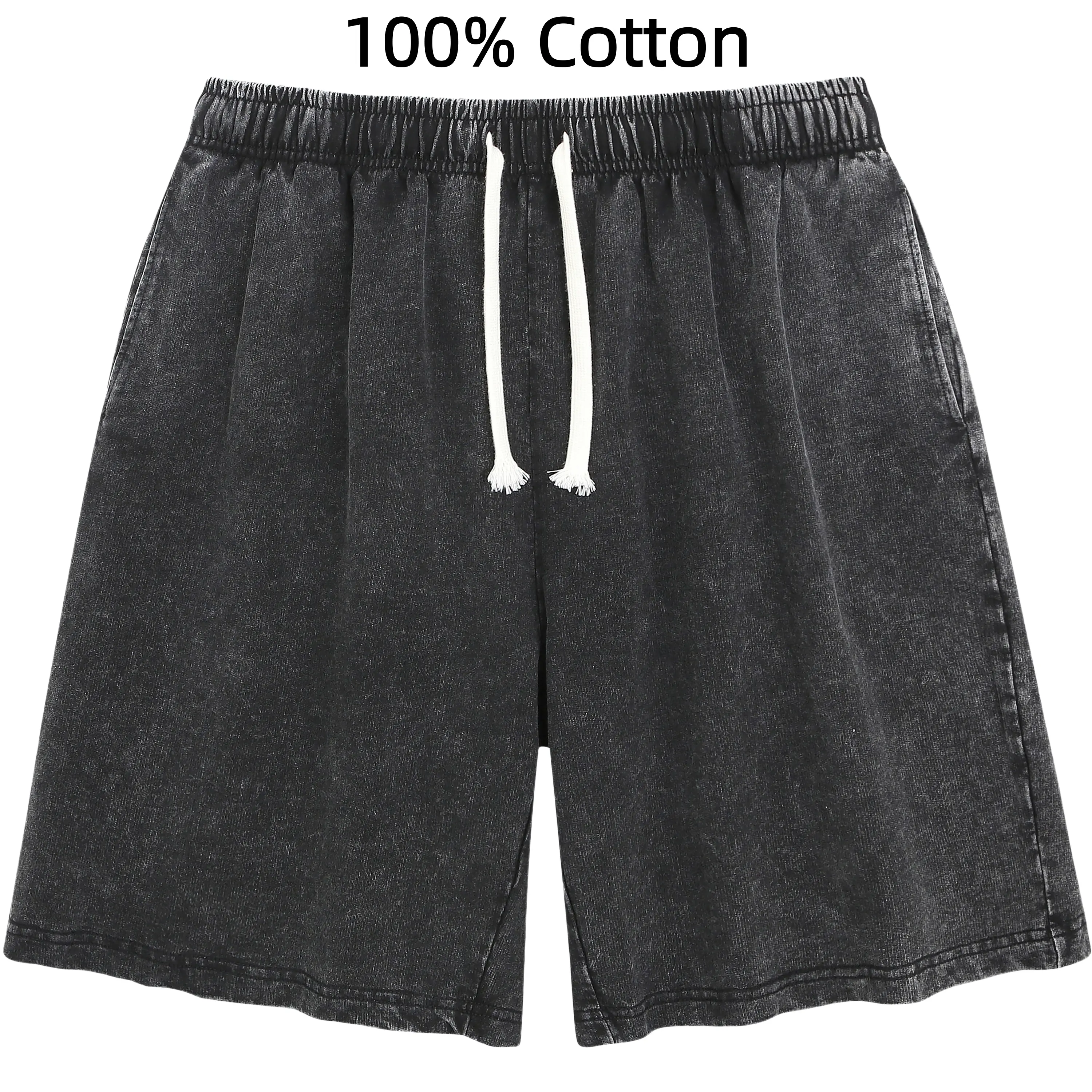 100% Cotton Vintage Acid Wash Casual Shorts Elastic Waist Drawstring Baggy Knee Length Shorts, Loose Fit Mineral Washed Streetwear Sweat Shorts With Side Pockets, Basic Blank Athletic Workout Lounge Shorts For Men Daily Summer Outfit