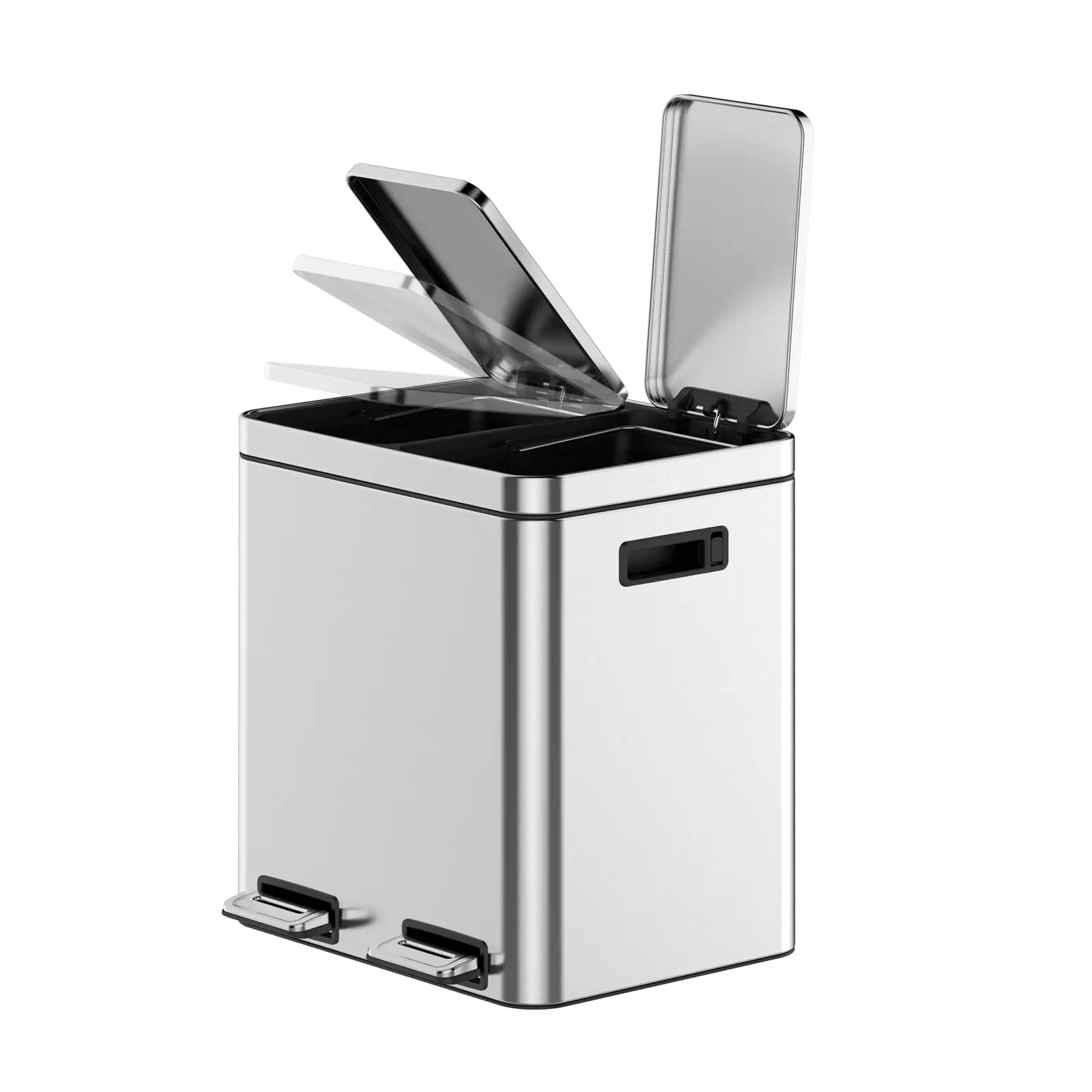 Dual Compartment Stainless Steel Kitchen Trash Can with Recycling Sorter - Step-On Pedals, Soft Quiet-Close Lid, Removable Inner Buckets, Odor Control System - Indoor Waste Separation Bin for Home, Kitchen or Office
