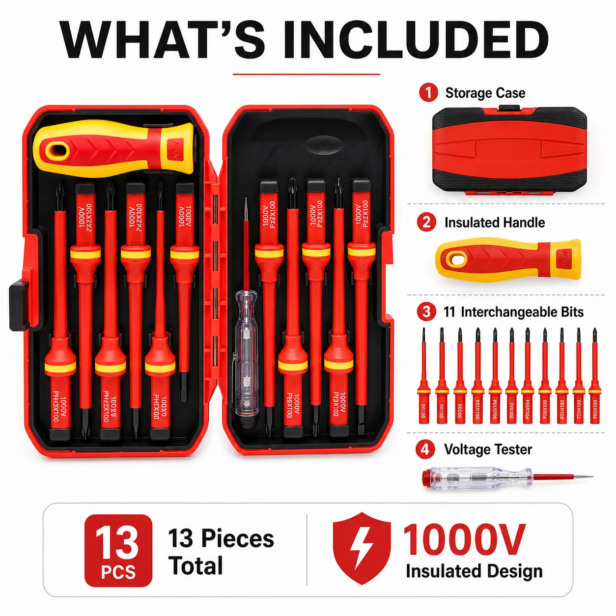 13pcs 1000V Insulated Screwdriver Set - 1×Insulated Handle, 1×Voltage Tester, 11×Interchangeable Insulated Torx Bits, Strong Magnetic Anti-Slip Ergonomic Handle, Multi-Tool for Home DIY Projects & Industrial Use