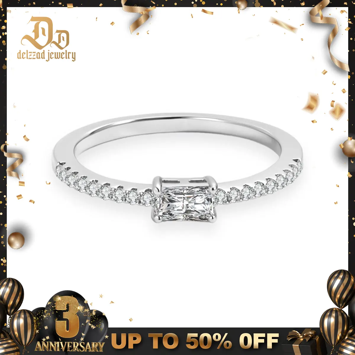 Delzzad 14K Gold-Plated 0.5ct Starlight Horizon Ring Radiant Cut East West Ring Band Engagement Ring Solitaire with Accents VVS Synthetic Moissanite Ring Jewelry Perfect Birthday Engagement Wedding Anniversary Christmas Valentine's Day Gift