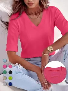 Plus Size Solid V Neck Roll Up Sleeve Tee, Casual Fitted Soft T-shirt , Women's Plus Clothing for Daily Wear, Cute Tops, Quality and Durability, Jersey