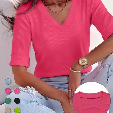 Plus Size Solid V Neck Roll Up Sleeve Tee, Casual Minimalist Streetwear Fitted Soft T-shirt , Women's Plus Clothing for Daily Wear, Everyday Cute Aesthetic Tops, Quality and Durability Jersey, Womenswear