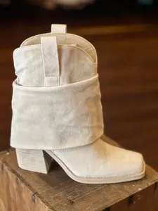 Chunky Square Toe Block Heel Bootie Off White