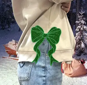 Side Bow Applique Sweatshirt Embroidery Sweatshirt, Green Glitter Bow Swaetshirt, Christmas Embroidery Sweatshirt, Bow Applique Sweatshirt