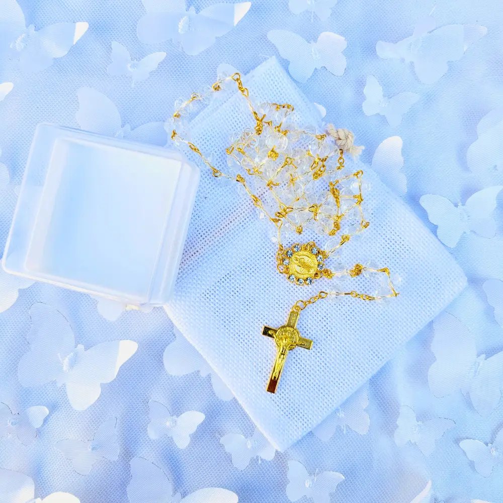 Clear Glass Bead Rosary, Catholic Religious Gift with White Burlap Pouch & Clear Acrylic Box, Festive Home Decor Party Gift