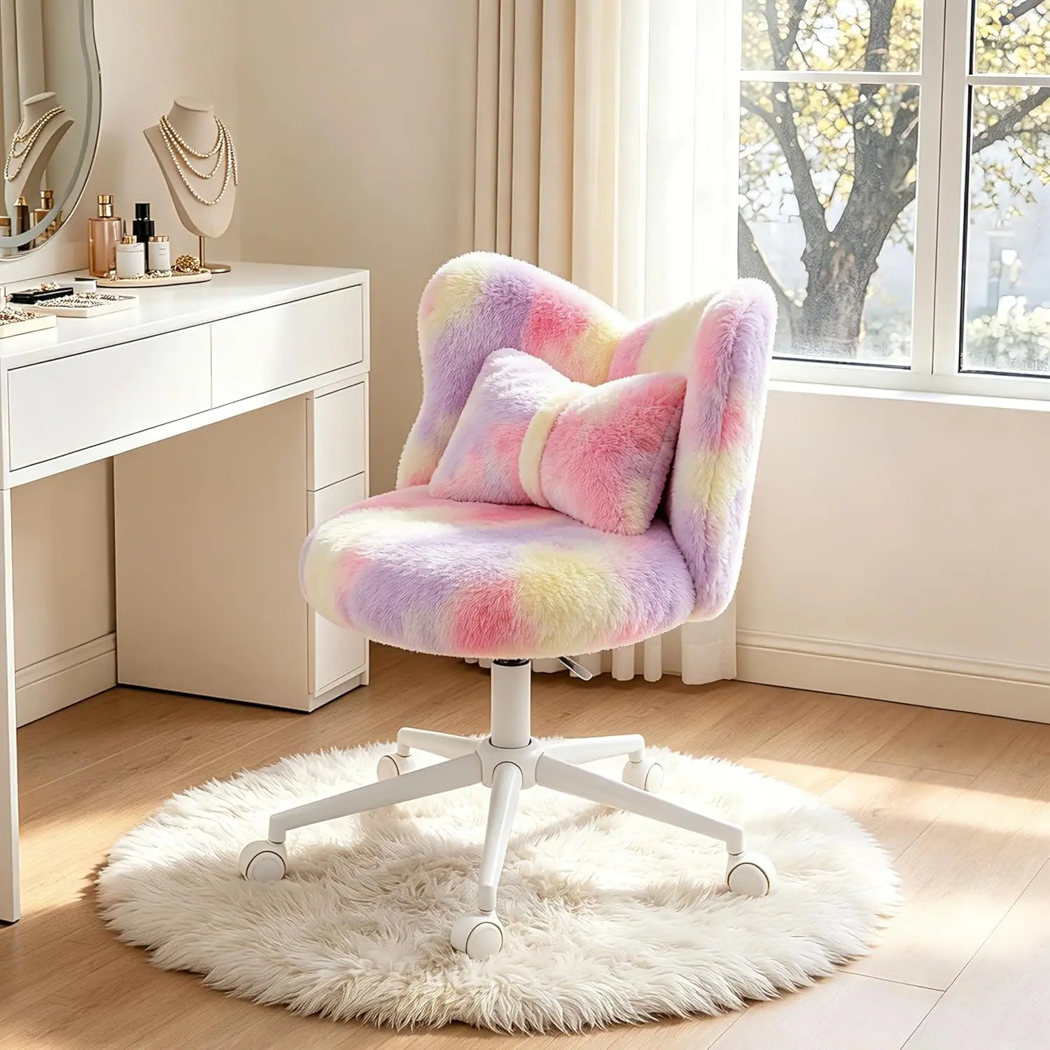 Karl Home Butterfly-Shape Compact Office Seating Indoor Chair, Blush Pink Fluffy Faux Rabbit Fur Upholstery, Bow Pillow, 360° Swivel, Adjustable Height, Room Decor for Living Room, Bedroom, Home Office