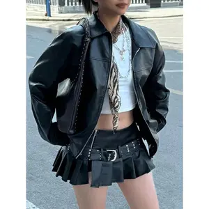 Women’s Black Edgy Biker Casual Loose Long-Sleeve Leather Jacket for Autumn/Winter