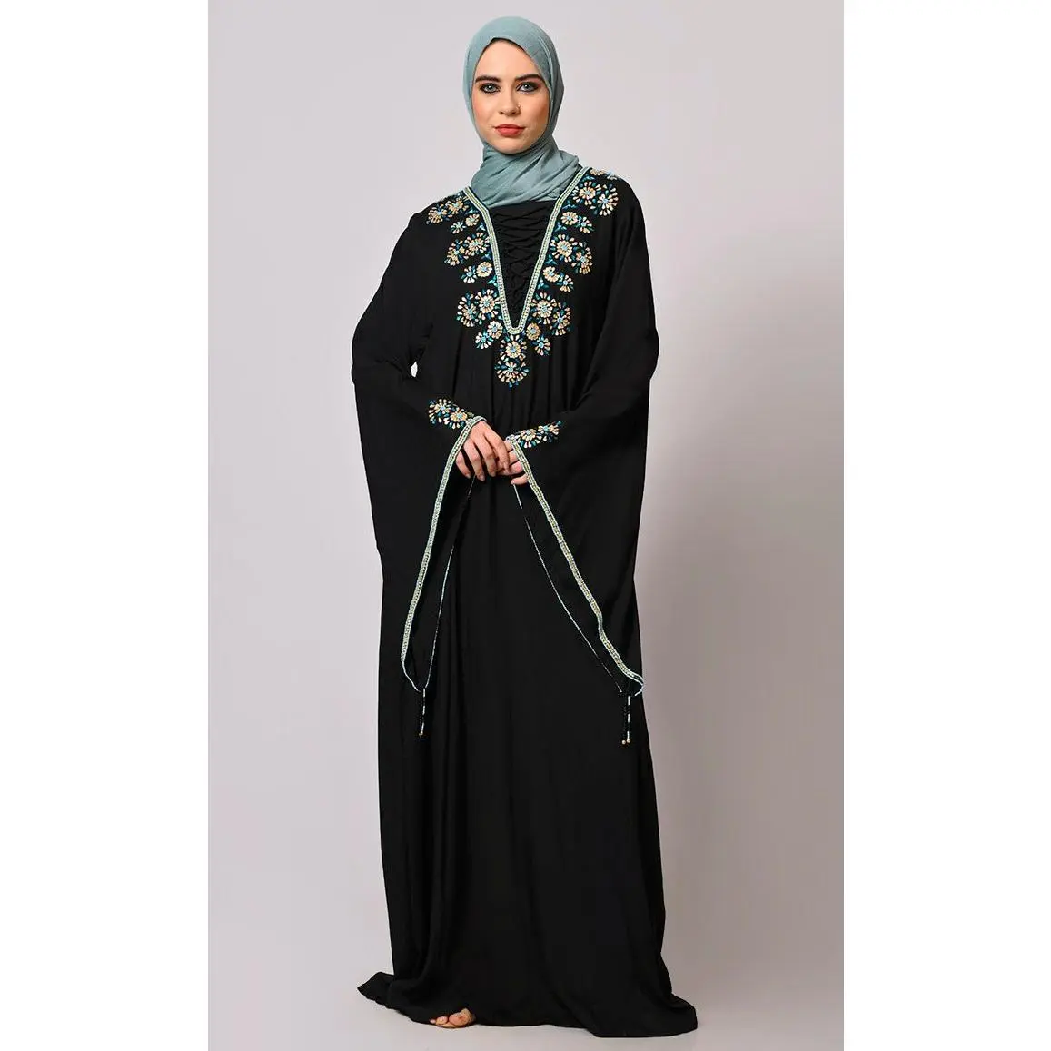 Stone-Encrusted  Abaya with Bell Sleeves