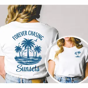 Forever Chasing Sunsets Palm Tree Double Sided Tee, Beachy Casual Short Sleeve Top