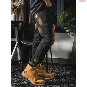 Bmuvlss Men's Ripped Denim Jeans, 80% Cotton 20% Denim, Casual Mid Waist Straight Leg Pants with Zipper Fly, Non-Stretch Fabric, All-Season Woven Regular Fit for Weekend Casual - Washed Detail, Casual Wear Jeans | Rugged Style Jeans | Cotton Denim Jeans,