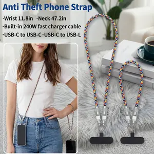 Anti-Loss Lanyard with 240W Charging Cable Rugged Braided USB Strap Compatible with iPhone Android Type-C for Running
