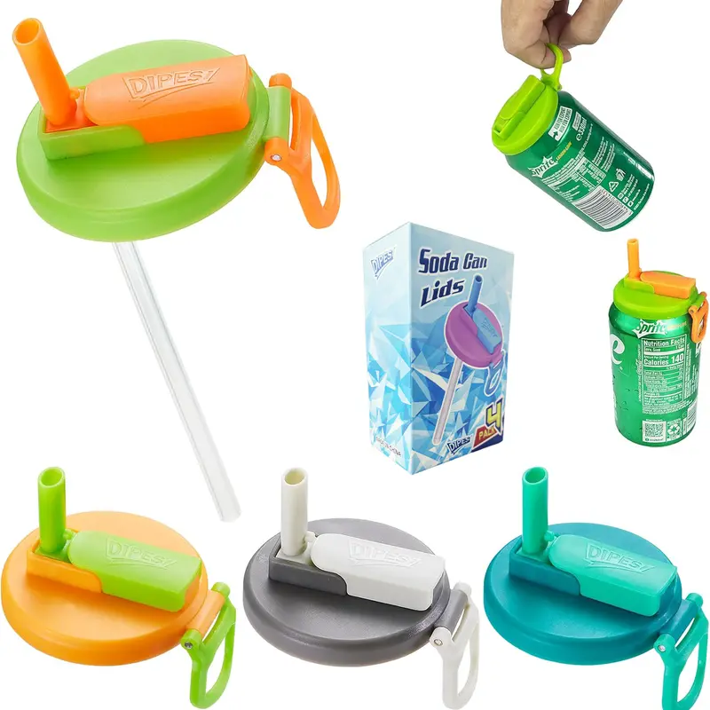 4-Pack Variety BPA-Free Plastic-Silicone Beverage Cup Lids with Straws, Leak-Proof, Durable, Fits Standard Cans, Colorful Mixed Kitchen Drinkware Accessory for All Ages