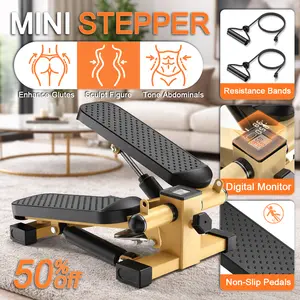 Gold Mini Stepper with 2 Resistance Bands, Non-Slip Textured Pedals Step Machine, Portable Compact Step Trainer for Home Office, Space-Saving Design, Easy Assembly & Storage, Stable Base for Quiet Smooth Operation, Durable Indoor Daily Use Step Equipment,
