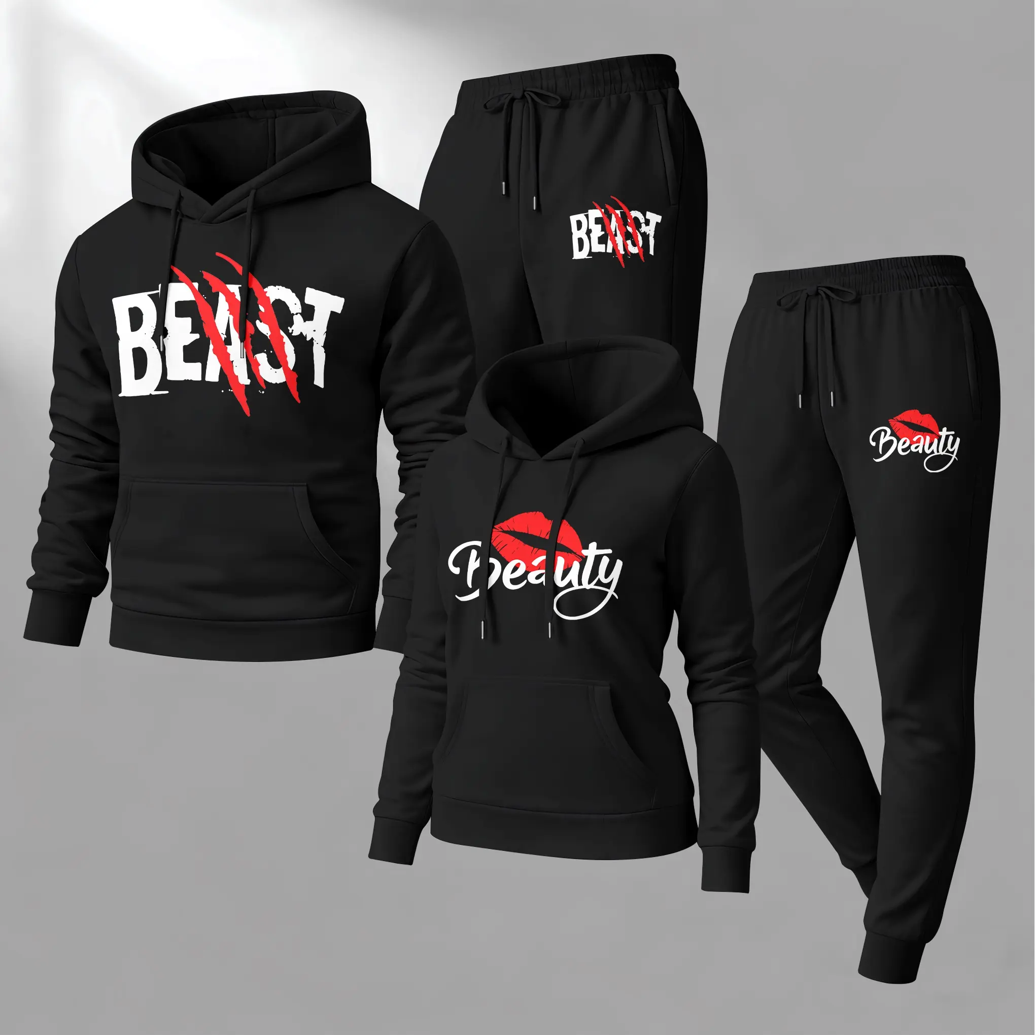 Men's 2-Piece 100% Polyester "Beast" & "Beauty" Letter Print Long Sleeve Hoodie & Sweatpants Workout Set, Unisex Streetwear Tracksuits, Athletic Activewear for Autumn-Winter Use, Streetwear Tracksuit Set