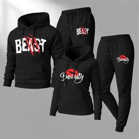 Men's 2-Piece 100% Polyester "Beast" & "Beauty" Letter Print Hoodie & Sweatpants Workout Set, Unisex Streetwear Tracksuit Set, Autumn-Winter Athletic Activewear Gym Wear, Mensfashion Outfit