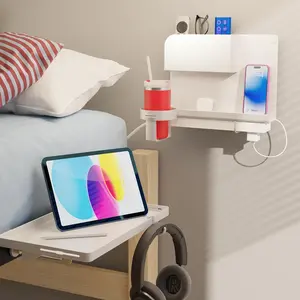 White 2-Pack: - Bedside Wall Organizer with Bedside Shelf for Dorm Room Bunk Bed & Top Bunk Bundle - Room Decor, Dorm Room Essential, Clip on Floating Tray