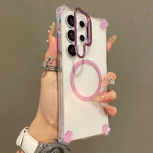 Magnetic transparent four corner shock-absorbing metal bracket phone case, Accessories, suitable for Samsung Galaxy S24 S23 S22Ultra Plus A36/A56/A16/A26/A17 magnetic matte bracket, ultra shock-absorbing camera ring bracket, heavy-duty transparent shell