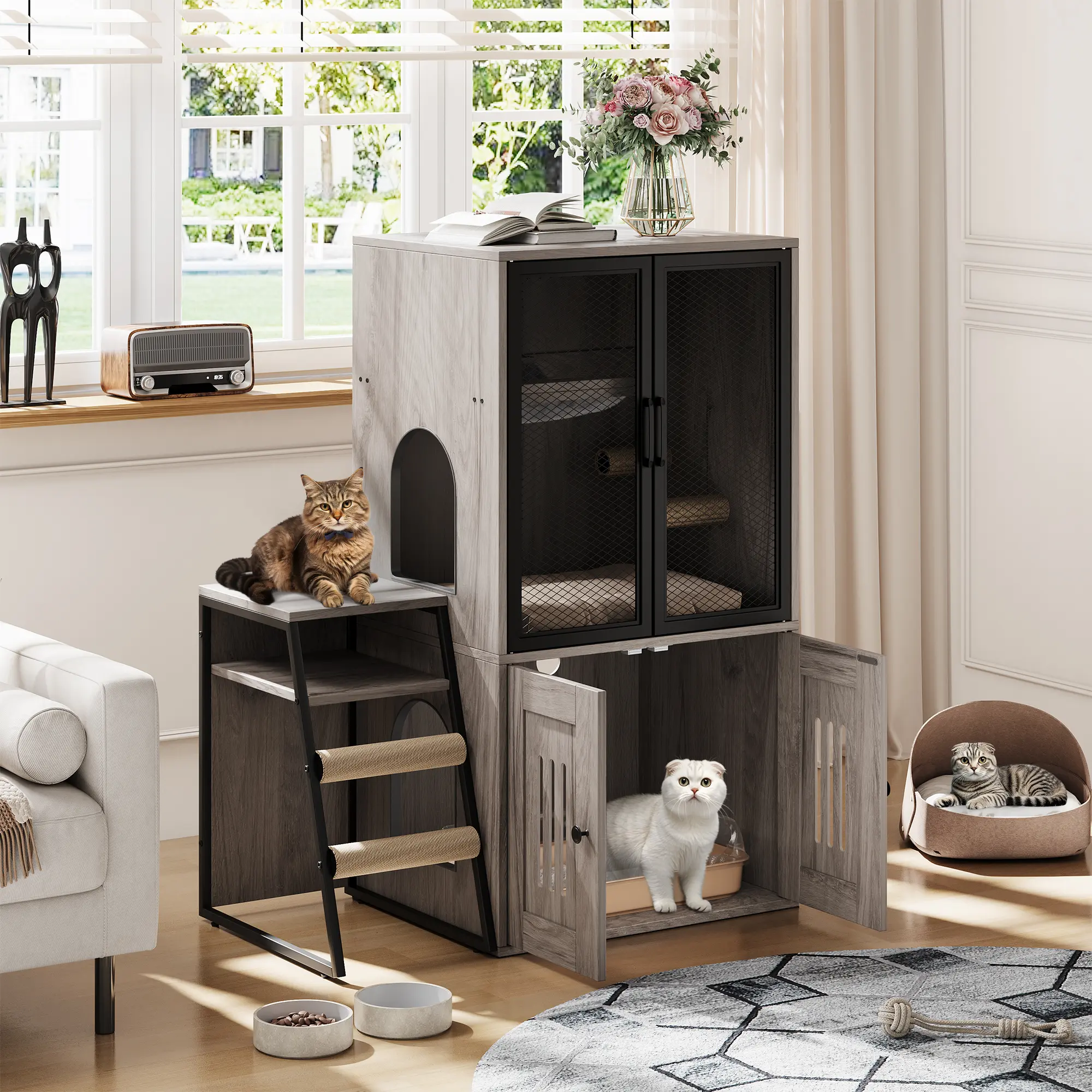 🐱 Modern Double Cat Litter Box Enclosure – Hidden Storage, Movable Ladder, Sisal Scratching Post, Hammock & Metal Mesh Door – Spacious Indoor Cat Cabinet for Washroom! ✨