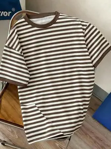 Y2K Brown White Striped Crew Neck T Shirt Men, Oversized Loose Short Sleeve Tee, Vintage Collar Contrast Striped Top, Casual Streetwear Outfit for Daily, Commute, Summer Crewneck #springsaledeals2026 #summeroutfits #tiktokshopmademebuyit #stripedtshirt