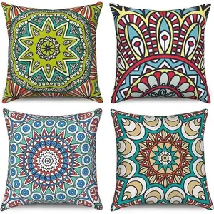 Boho Throw Pillow Covers 50x50cm Set of 4, Blue Vintage Mandala Floral Linen Cushion Cases, Sofa Bed Outdoor Home Decor, Square Cushion