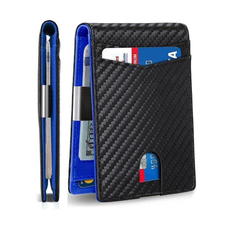 Men's carbon fiber textured card holder with card slots, ultra-thin card holder with bill clip, RFID shielded bi-fold card holder, ultra-thin credit card holder.