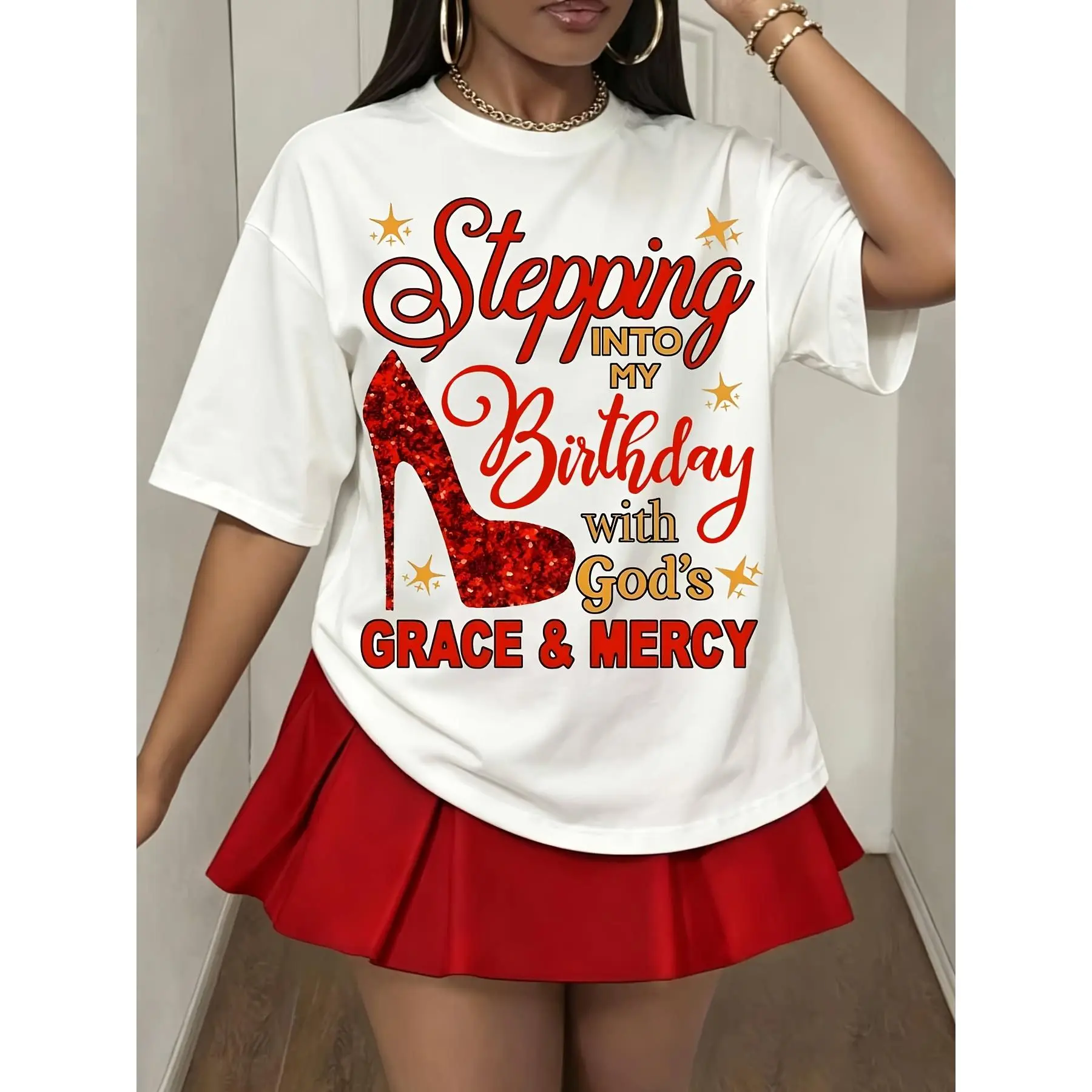 Women Birthday T Shirt, Stepping Into My Birthday With God S Grace And Mercy Graphic Tee, Red Glitter High Heel Print Top, Religious Faith Birthday Gift For Her, Christian Celebration Party Outfit