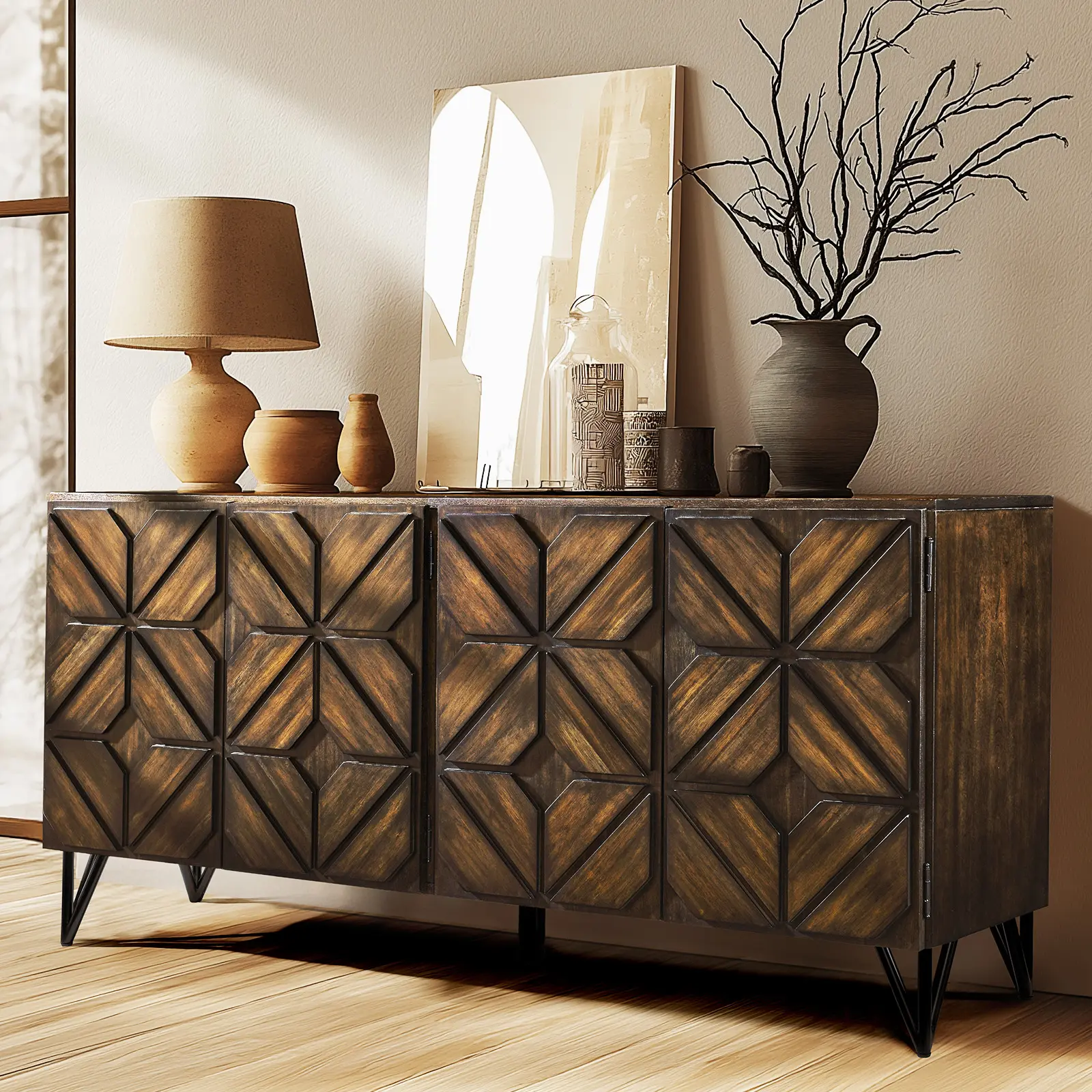 [TiktokShopStockUp] ALBOTT 63" Acacia Wood Sideboard Buffet - Modern Furniture with Hand-Carved Geometric Doors, Metal Legs, Adjustable Shelves, Console Cabinet for Dining Room/Living Room - Modern Home Decor, Dark Walnut