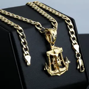AAA+ Brass Jesus Anchor Religious High-End Pendant & 14K Stamped & 6mm 20" 24" Cuban Chain Hip Hop Style Necklace Fashion Jewelry