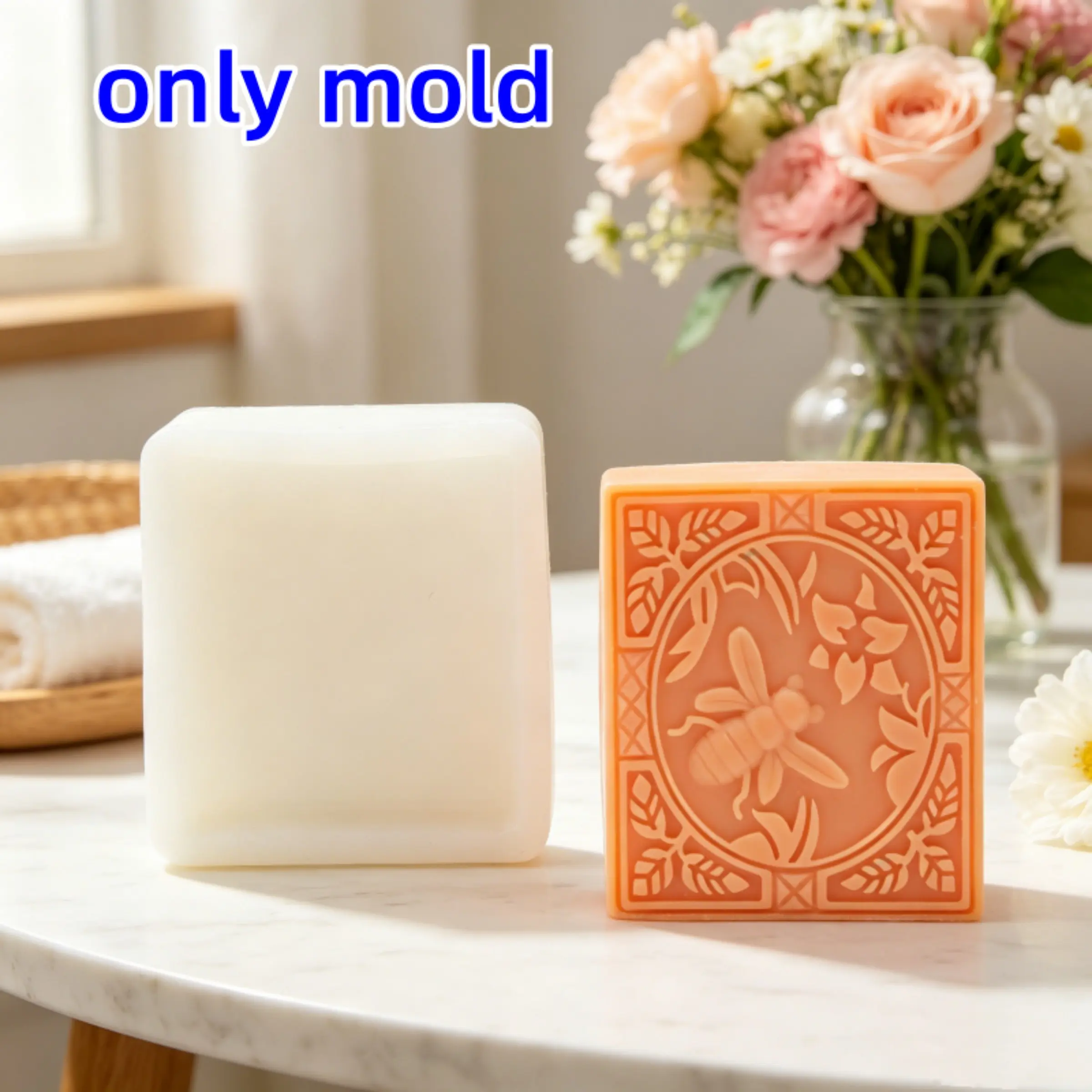 Cute 3D Honeybee Soap Silicone Mold, Square Floral Border, Handmade Resin Plaster Mold, DIY Queen Bee Candle Making, Farmhouse Home Decor