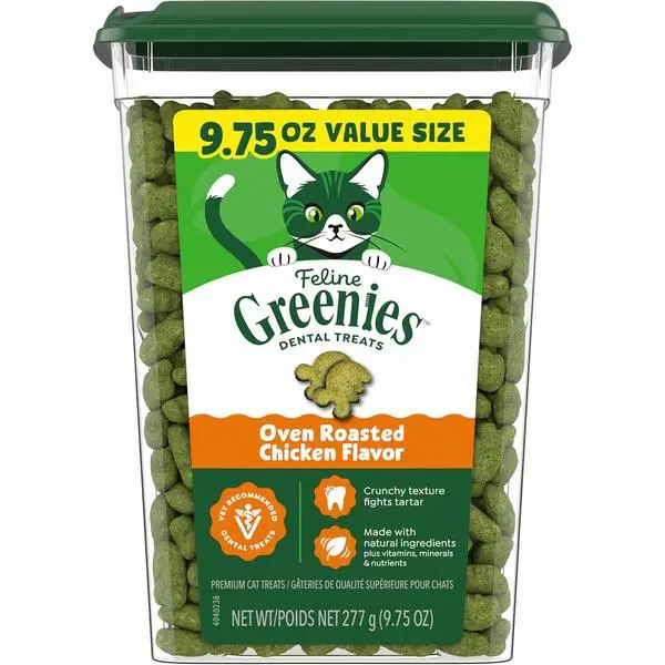 Greenies Cat Treats, Feline Veterinarian-Recommended Adult Natural Dental Cat Treats, Oven Roasted Chicken Flavor, 9.75 oz. Tub