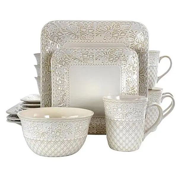 Elama Ivory Lotus 16 Piece Square Stoneware Dinnerware Set Elama Ivory Lotus 16 Piece Square Stoneware Dinnerware Set