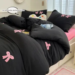 3-Piece Embroidered Bow Pattern Bedding Set, Includes Duvet Cover & Pillowcases, Soft Comfortable Home Bedroom Decor, All Seasons