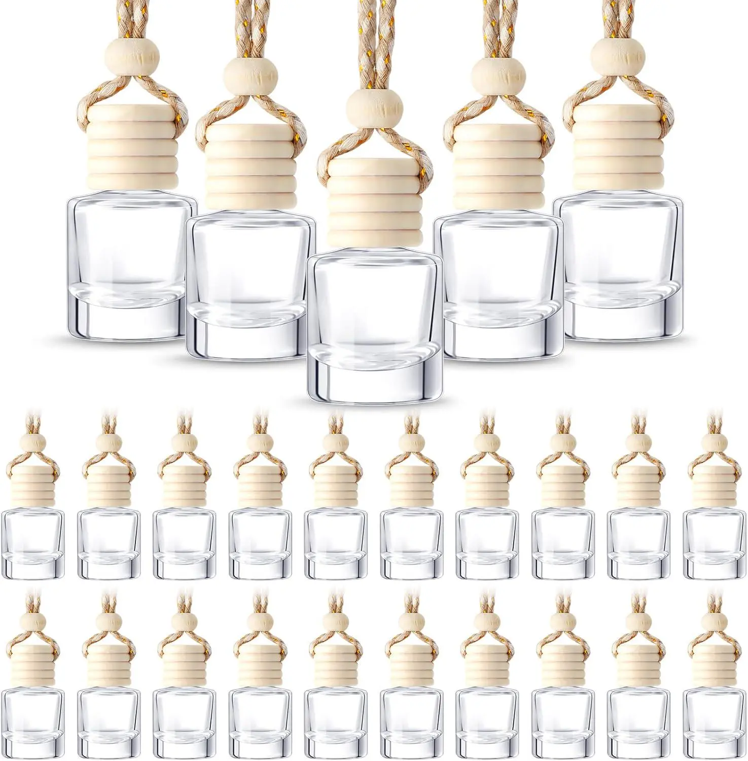 50 Pcs Bulk Cylindrical Empty Glass Body Diffuser Bottles - 8ml, 1.1 inches diameter, 7.87 inches rope length, adjustable rope, wardrobes/bathrooms Car Pendants & Home Storage Jars for Essential Oil Aromatherapy