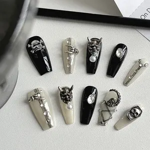 Handmade Dark Punk Skull Nail Art Set, Block Design, Pearl Rhinestone Decor, Party Music Festival Style