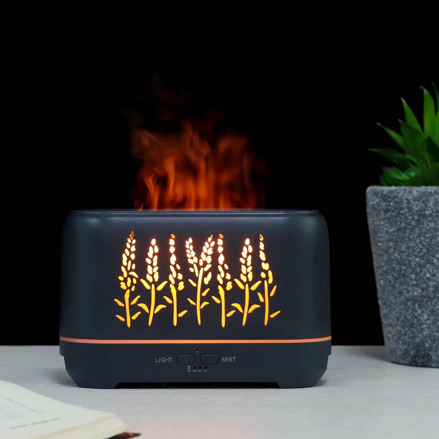 5V USB Plug Compact Wood Grain Aromatherapy Diffuser - Natural Hollow Lavender Humidifier with Flame Light, Ambient Light, Multi-Use Desk Lamp Function