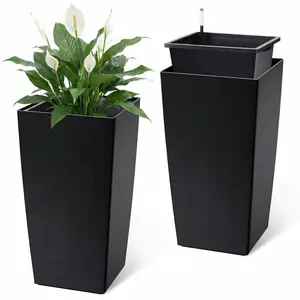Garvee Set of 2 Tall Planters for Indoor and Outdoor Use with Large Black or White Pots, Drainage Holes, Water Level Monitor, Inner Buckets, Trays, Wheels, and Automatic Watering for Porch, Terrace, Home, or Office