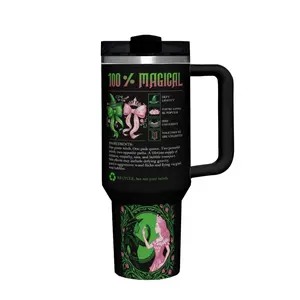 1 Black Travel Mug with 2D Flat Design Featuring Magical Witch and Queen Illustrations, Stainless Steel Lid and Handle, Ideal for On-the-Go Use.