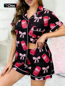2-Pack Black Base with Red Heart and Pink Bow Print, Bubble Drink Bottle Design, Soft Short Sleeve Shorts with Small Pockets and Elastic Waistband, Suitable for All Seasons, Women, Home Wear, Loungewear, Sleepwear, Pajama Set